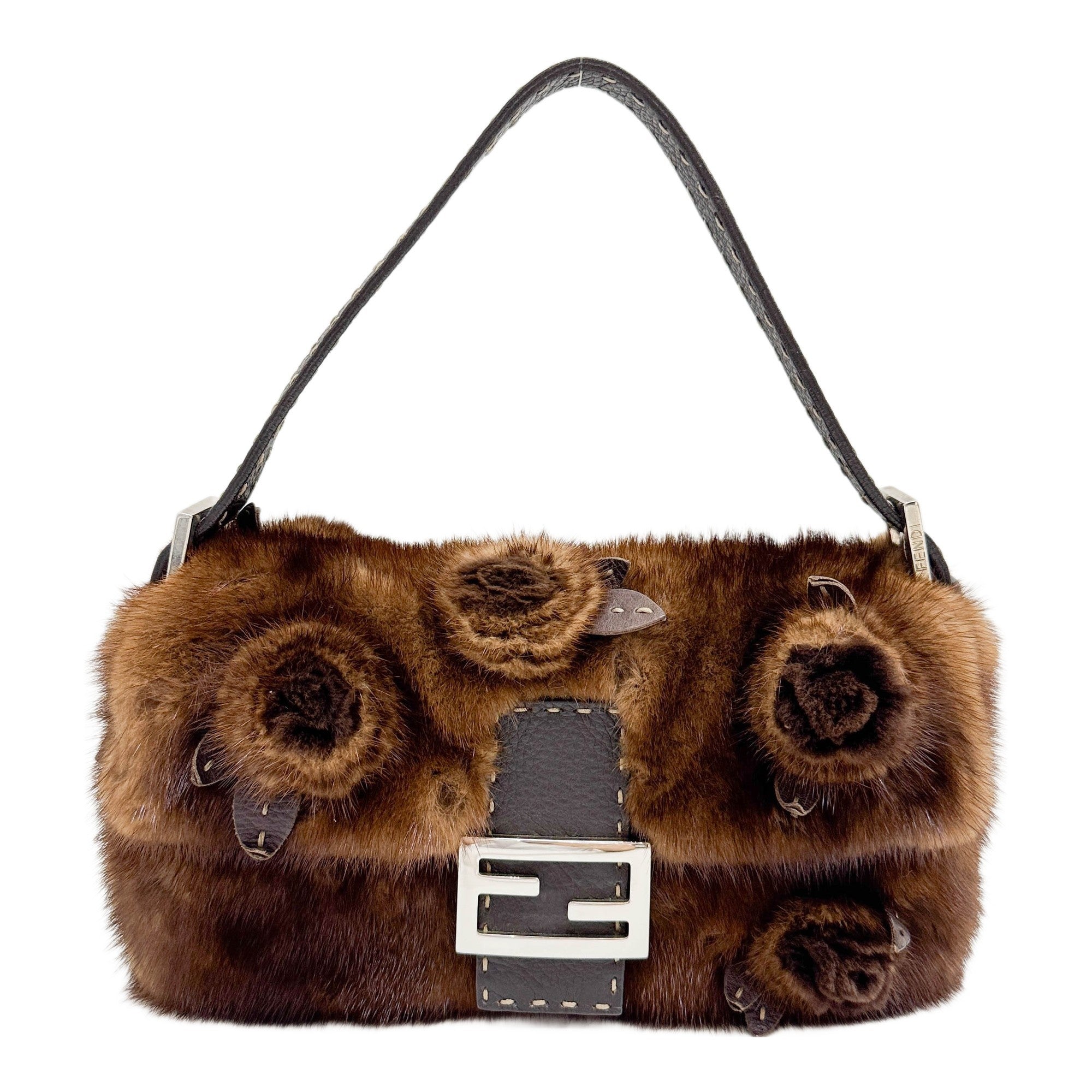 Baguette Selleria Trim Floral Detail Brown Mink Fur Shoulder Bag