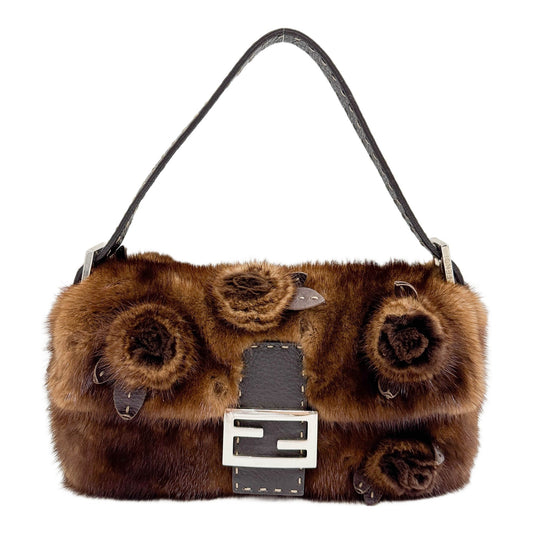 Baguette Selleria Trim Floral Detail Brown Mink Fur Shoulder Bag