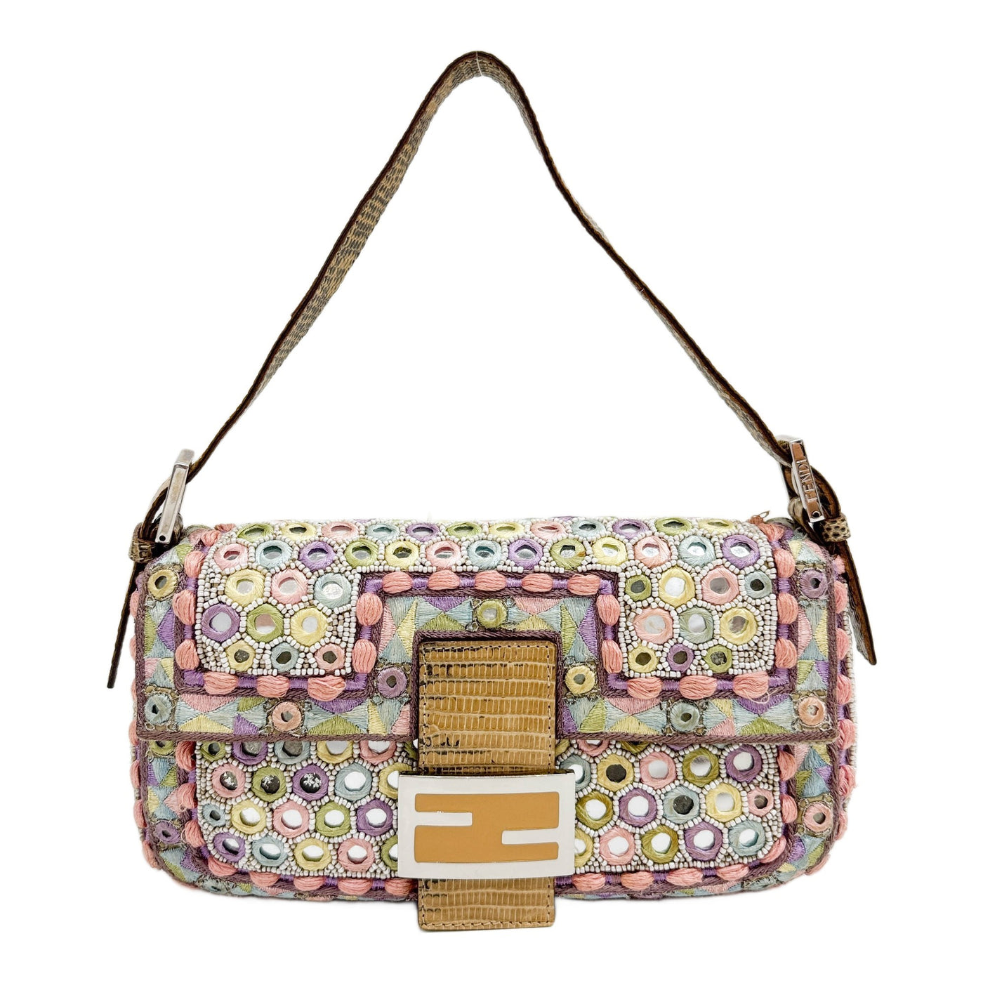 Baguette Mirror Specchietti Embroidered and Beaded Lizard Trim Multicolor Silk Shoulder Bag