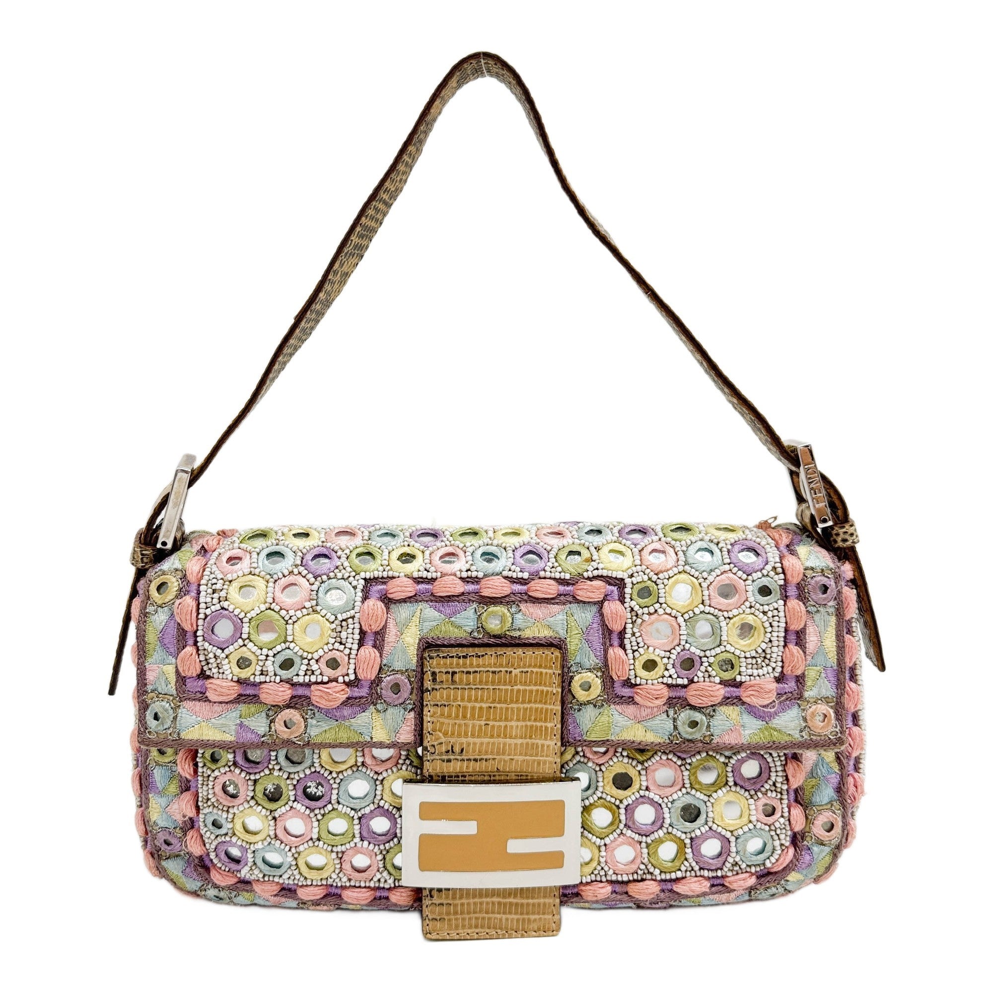 Baguette Mirror Specchietti Embroidered and Beaded Lizard Trim Multicolor Silk Shoulder Bag