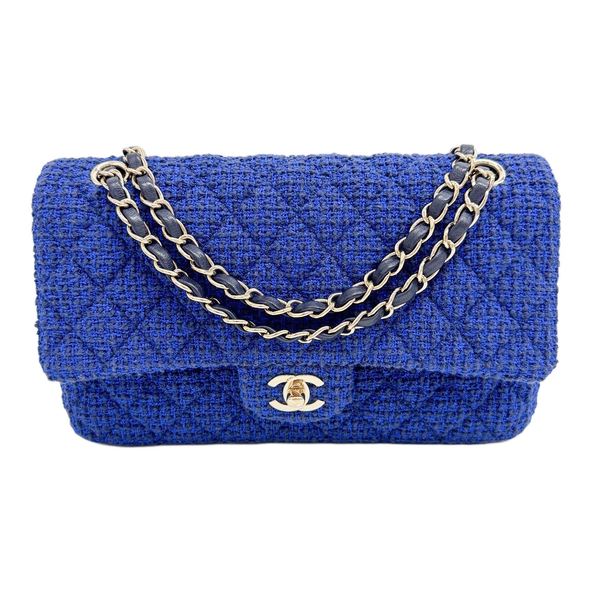 Medium Classic Double Flap 2021 Matelasse Royal Blue Tweed Shoulder Bag