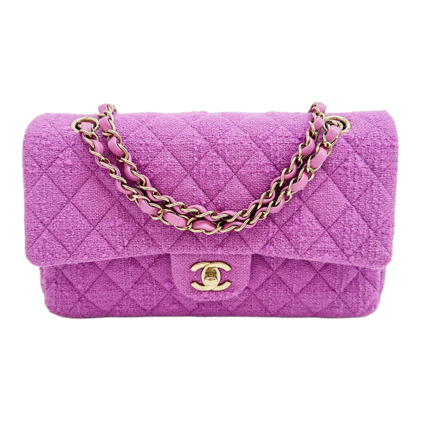 Medium Classic Double Flap 2021-2026 Matelasse Fuchsia Pink Tweed Shoulder Bag