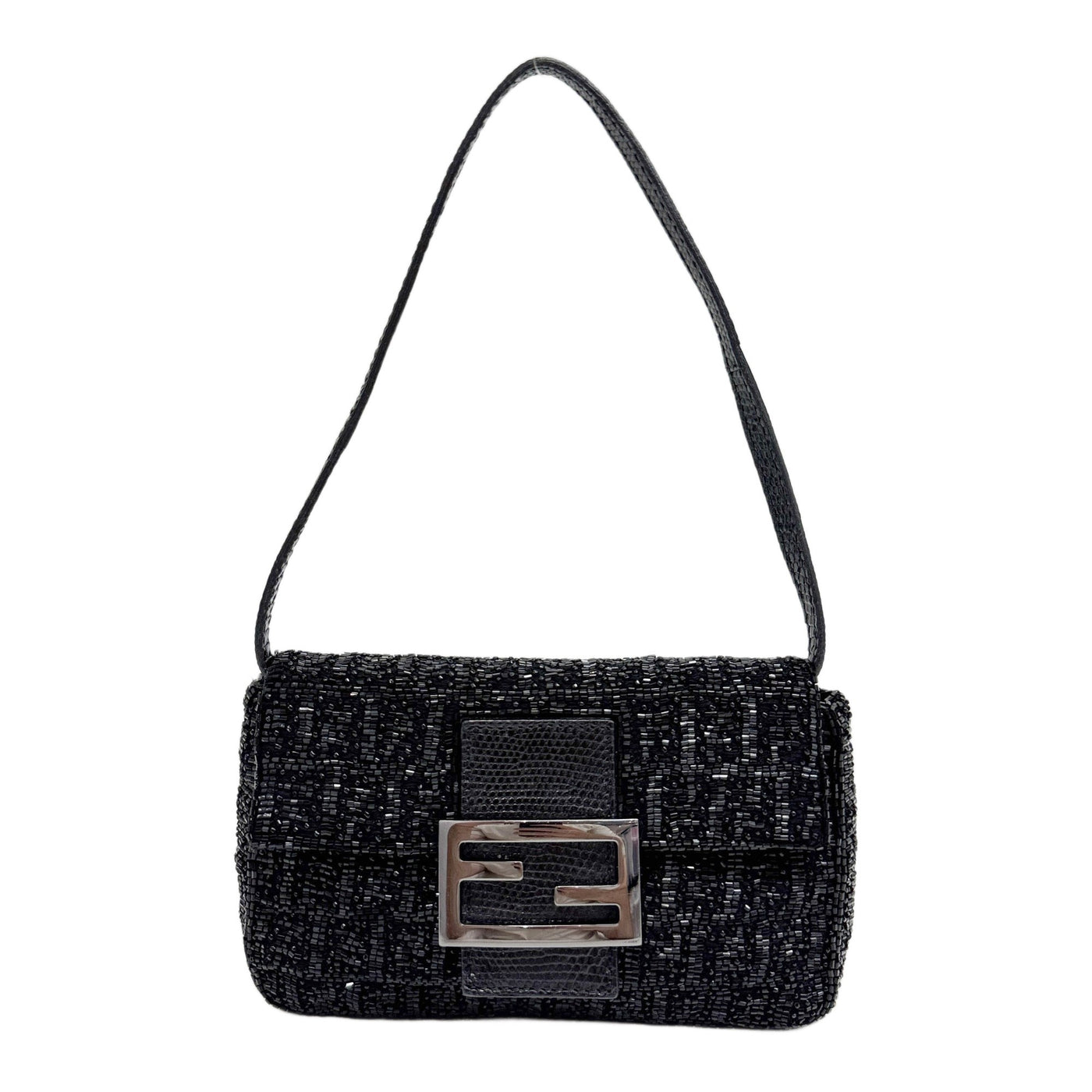 Mini Baguette Lizard Trim Black Beaded Shoulder Bag