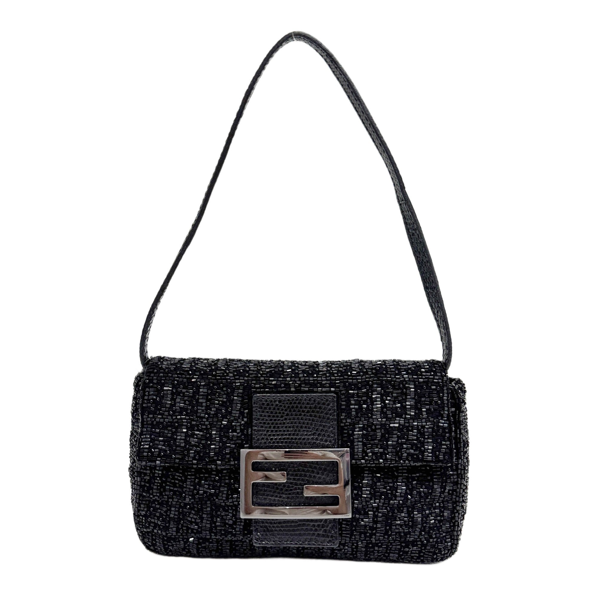 Mini Baguette Lizard Trim Black Beaded Shoulder Bag