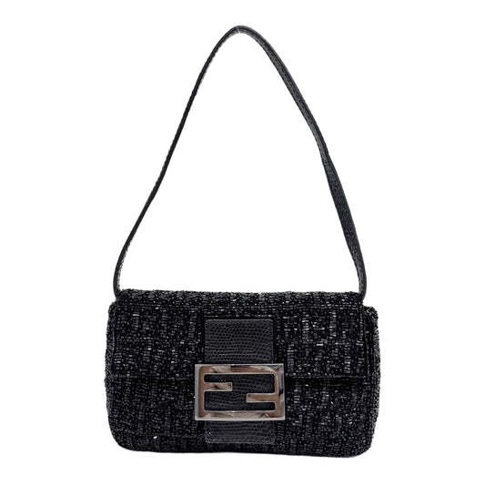 Mini Baguette Lizard Trim Black Beaded Shoulder Bag