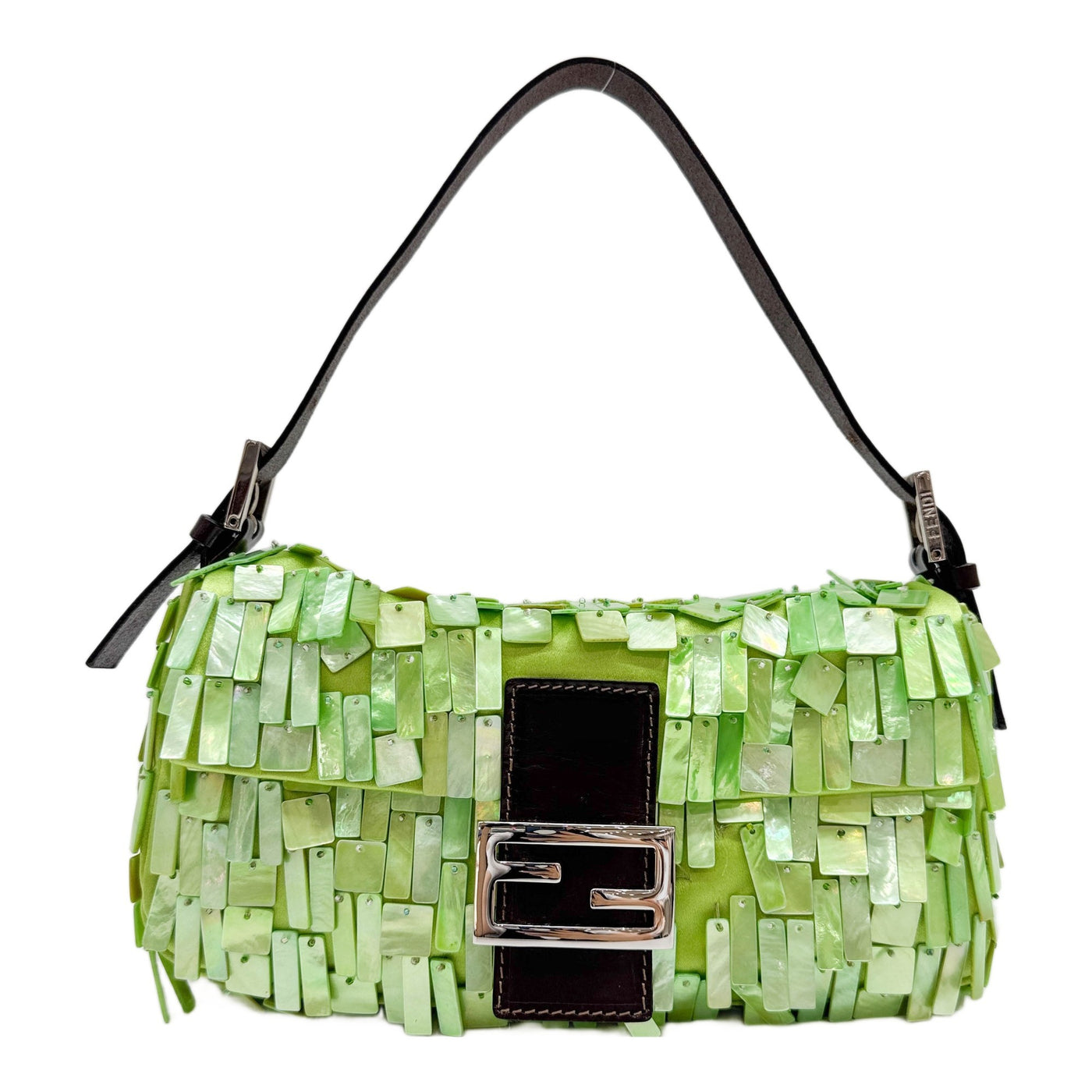 Baguette Mother of Pearl Beaded Green Satin Shoulder Bag