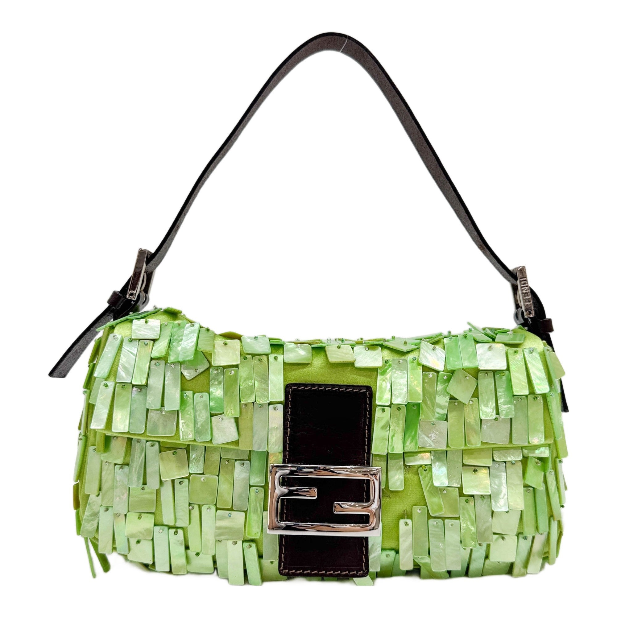 Baguette Mother of Pearl Beaded Green Satin Shoulder Bag