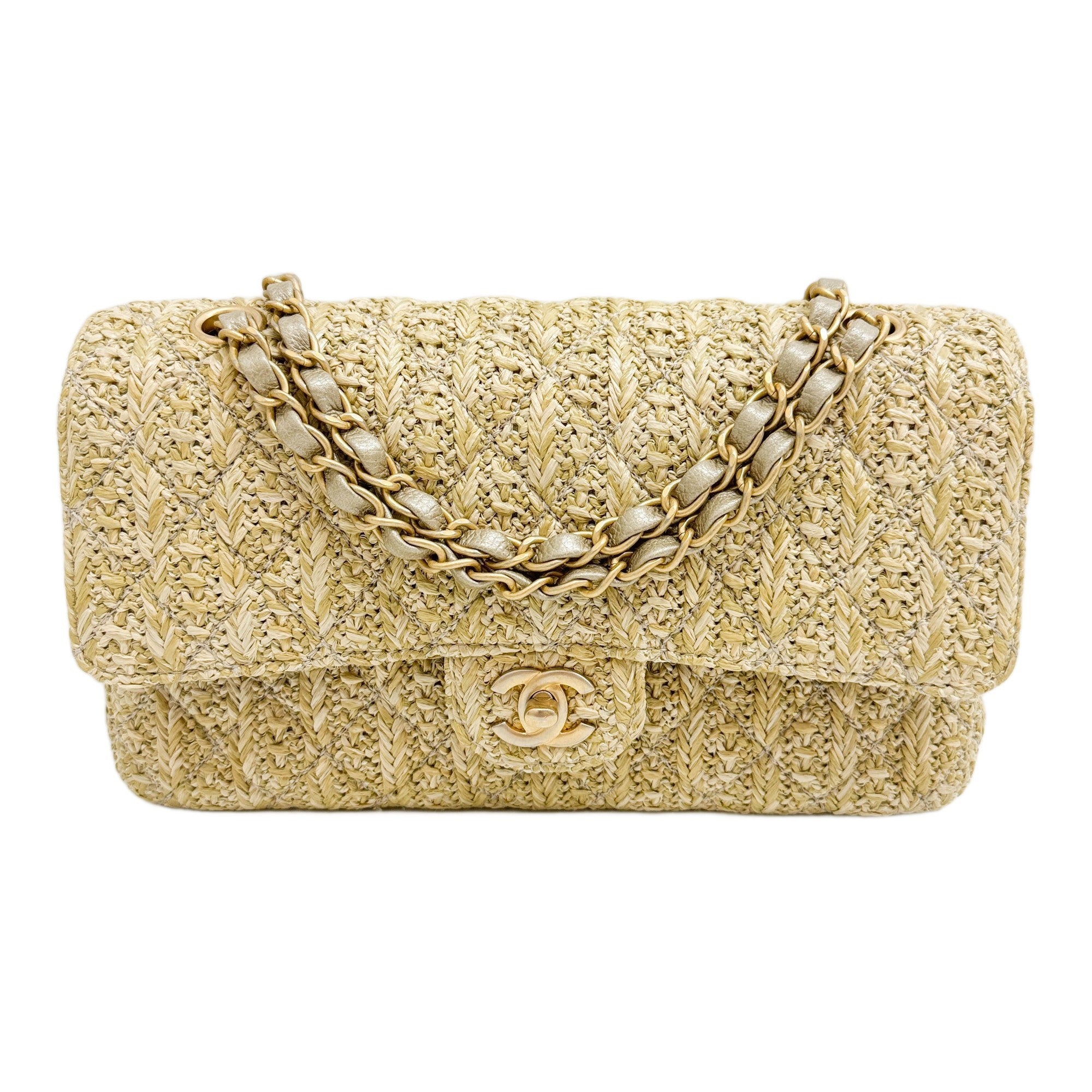 Medium Classic Double Flap 2017-2018 Matelasse Beige Raffia Shoulder Bag