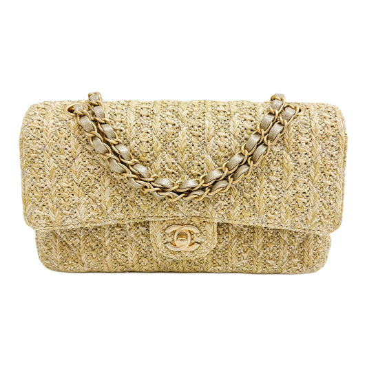 Medium Classic Double Flap 2017-2018 Matelasse Beige Raffia Shoulder Bag