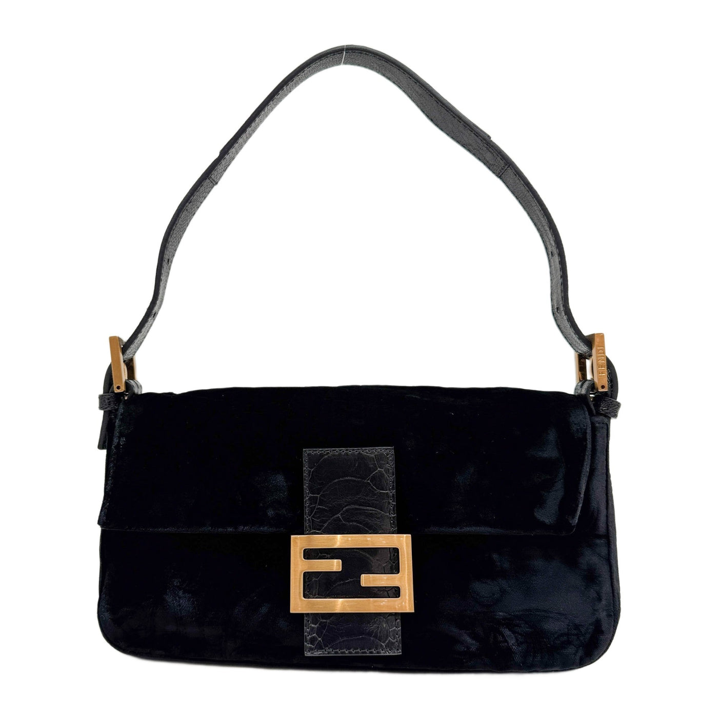 Baguette Lizard Trim Black Floral Velvet Shoulder Bag