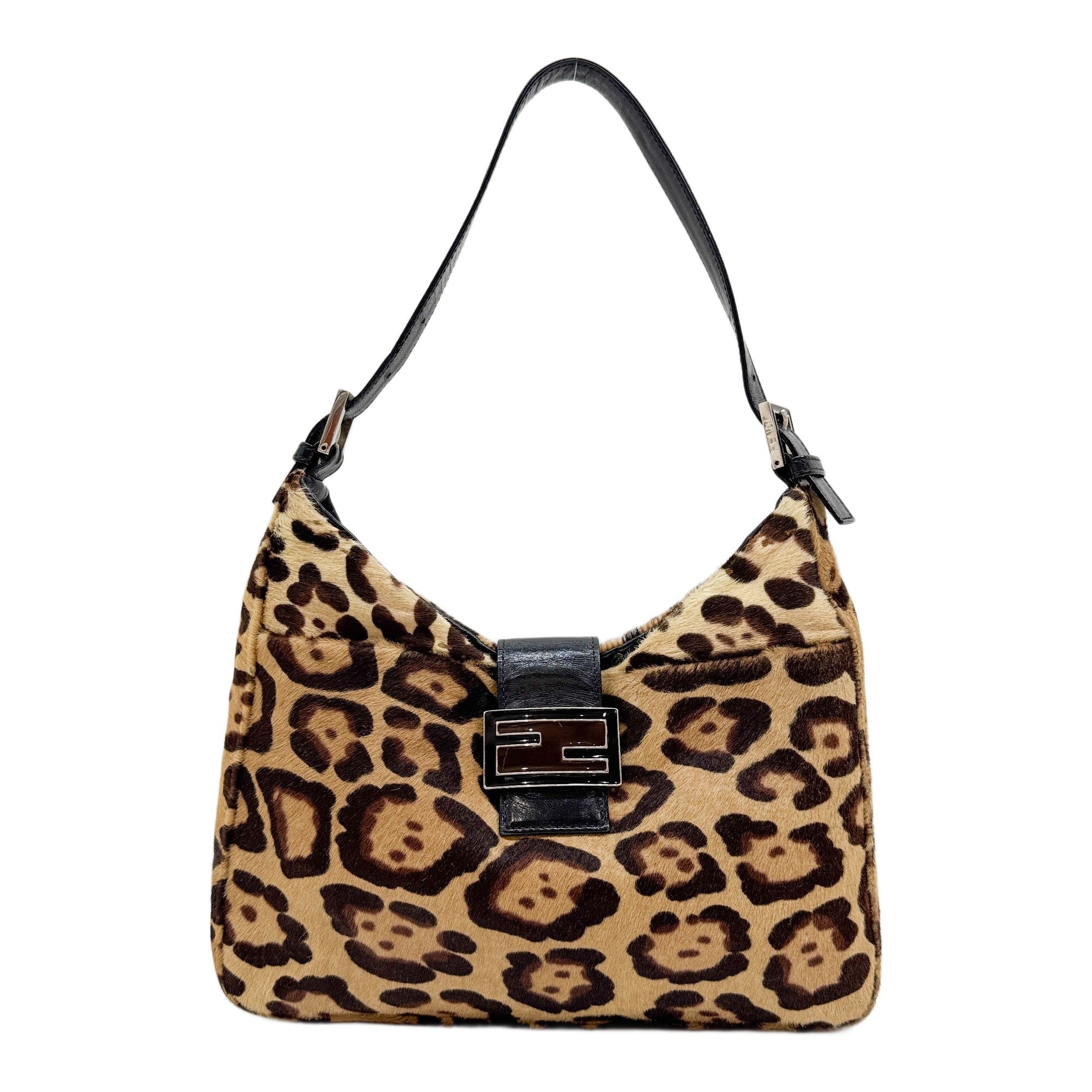 Black Leather Trim Brown Leopard Print Pony Hair Shoulder Bag
