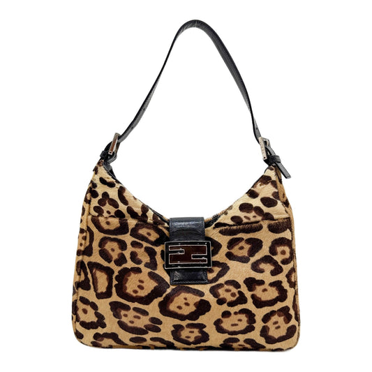 Black Leather Trim Brown Leopard Print Pony Hair Shoulder Bag