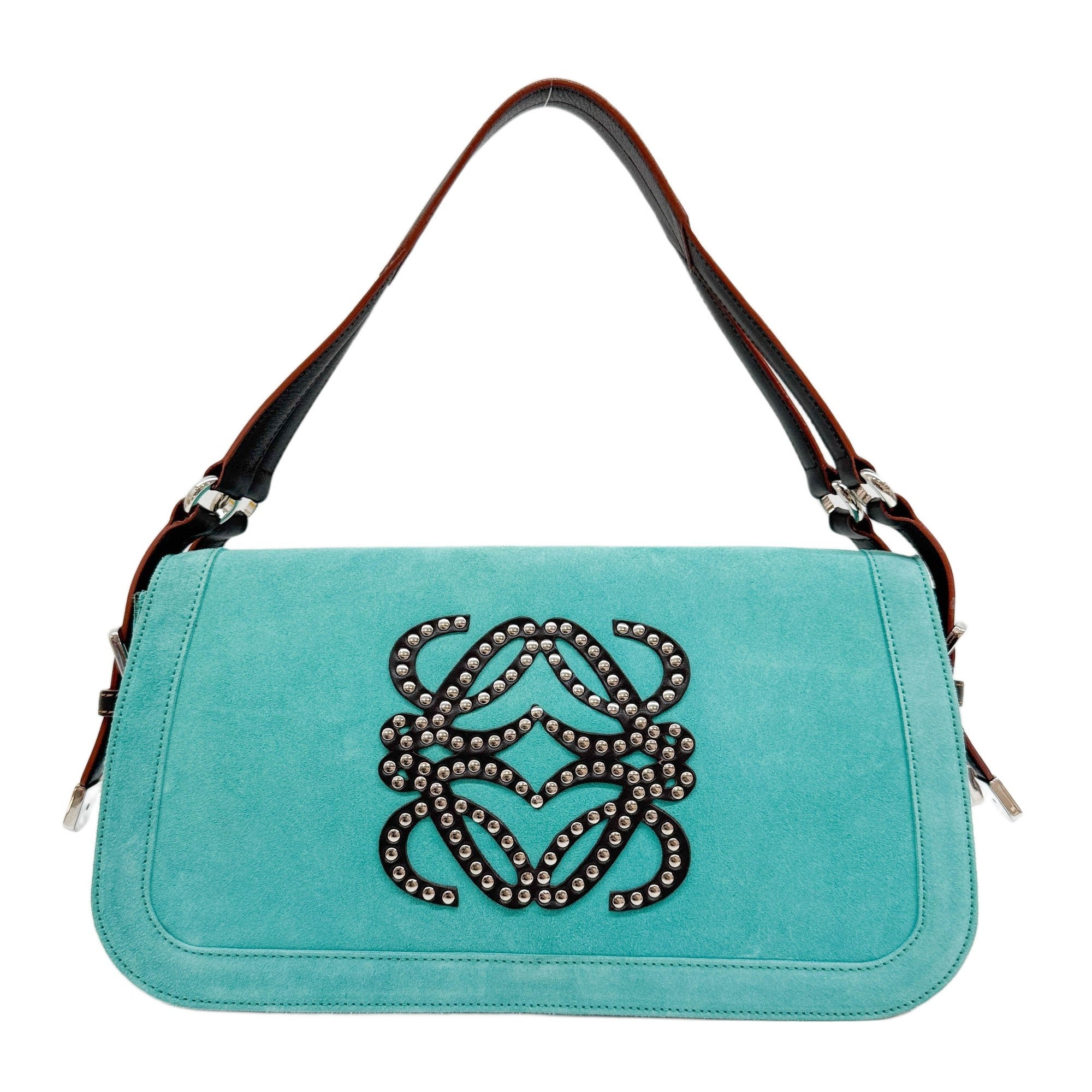 Anagram Studded Logo Turquoise Blue Suede Shoulder Bag