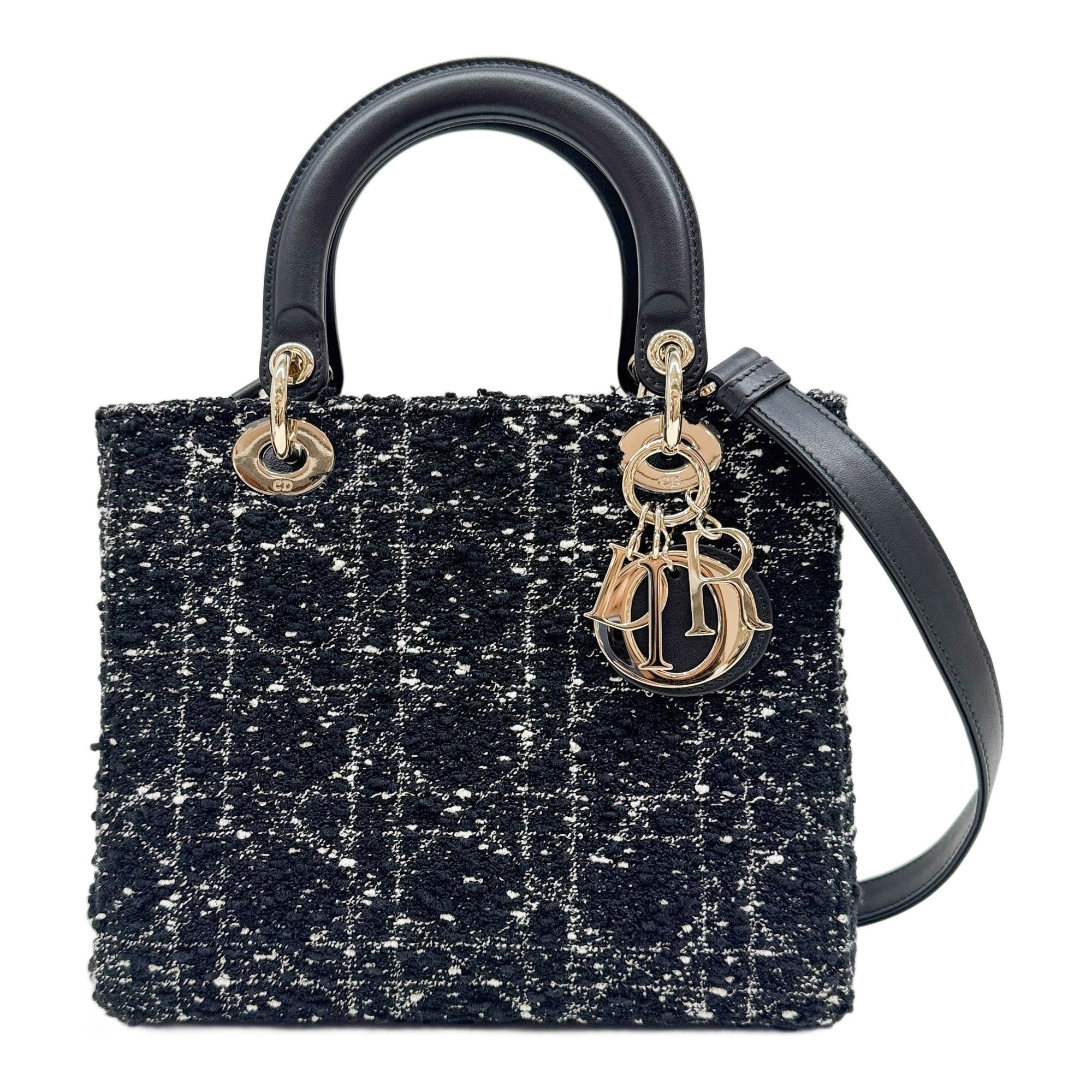 Medium Lady Dior Cannage Black and White Tweed Two Way Bag