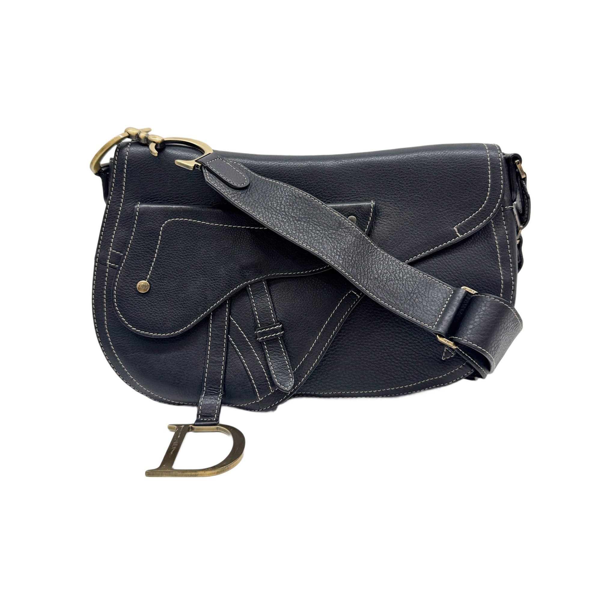 Saddle Flap Black Leather Shoulder Bag