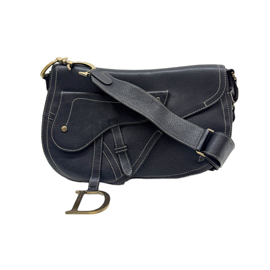 Saddle Flap Black Leather Shoulder Bag