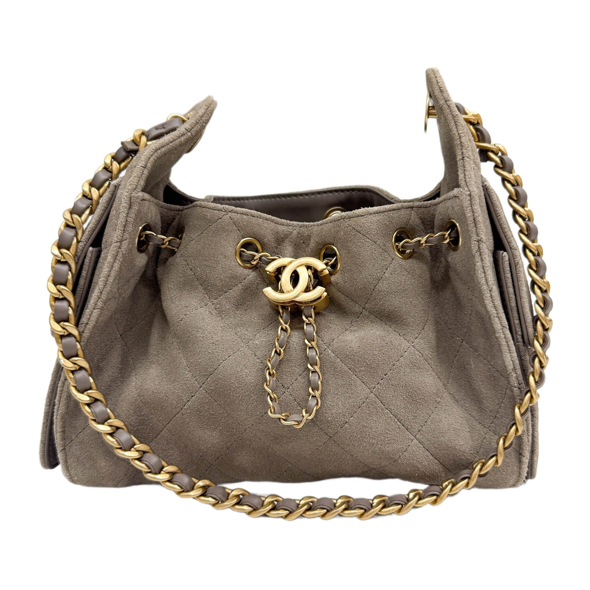 Mini Chanel 25 Matelasse Grey Suede Shoulder Bag