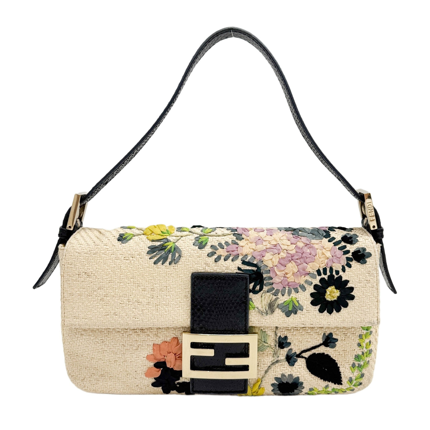 Baguette Flower Embroidery Beige Tweed Shoulder Bag