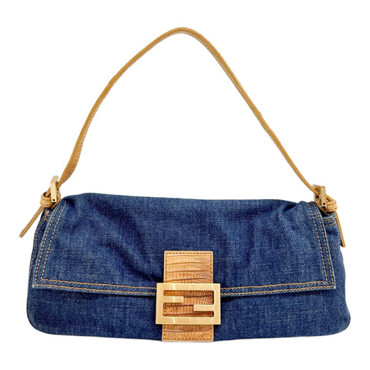 Long Mamma Baguette Blue Denim Shoulder Bag