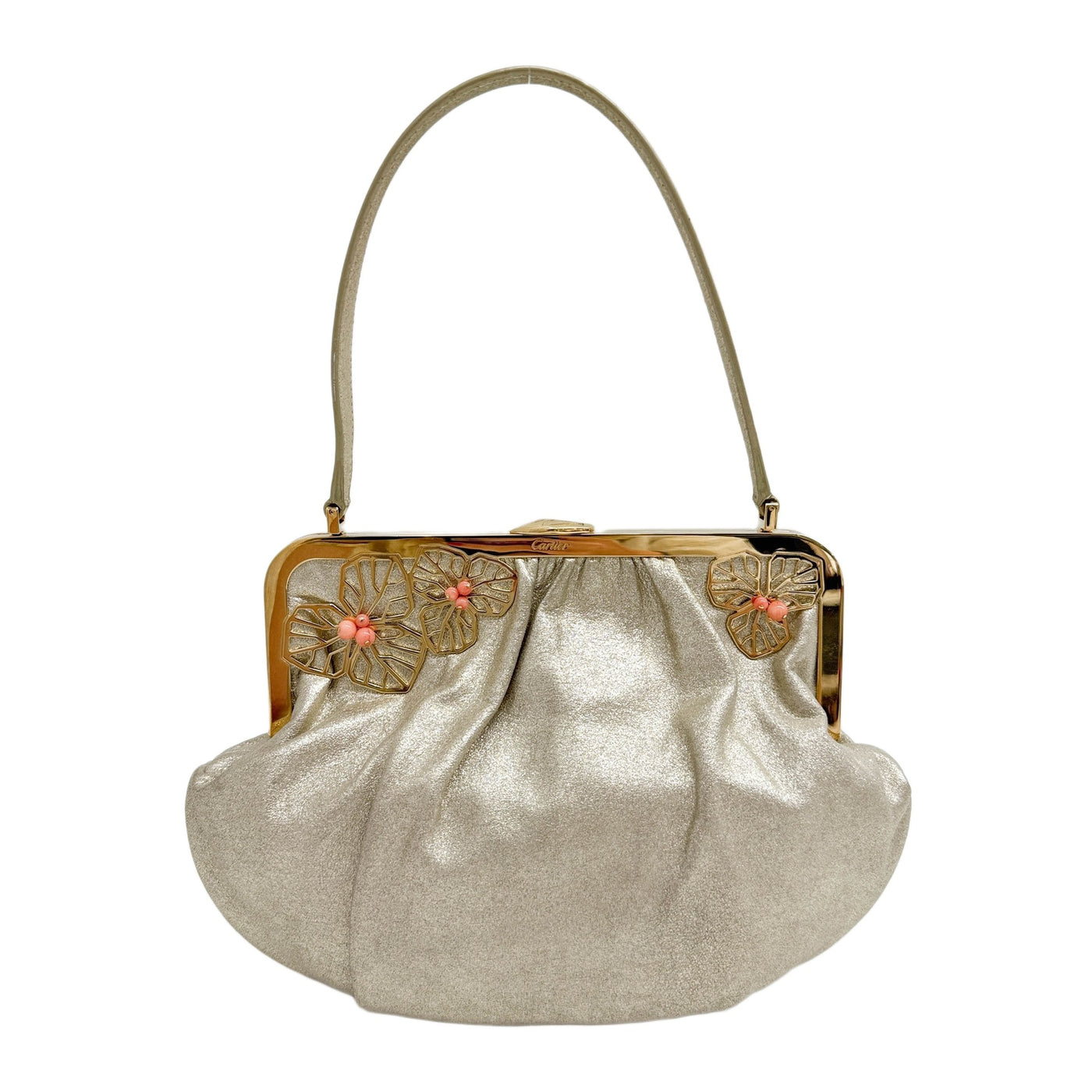Floral Motif Champagne Gold Leather Hand Bag
