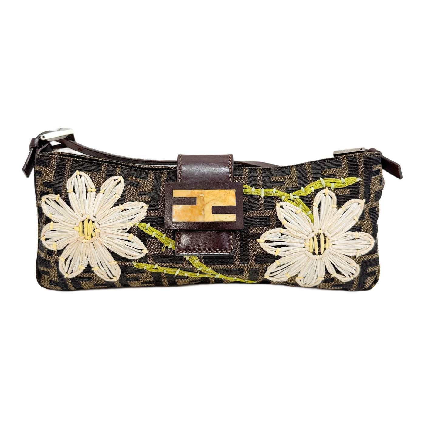 Long Baguette Floral Embroidery Brown Zucca Canvas Shoulder Bag