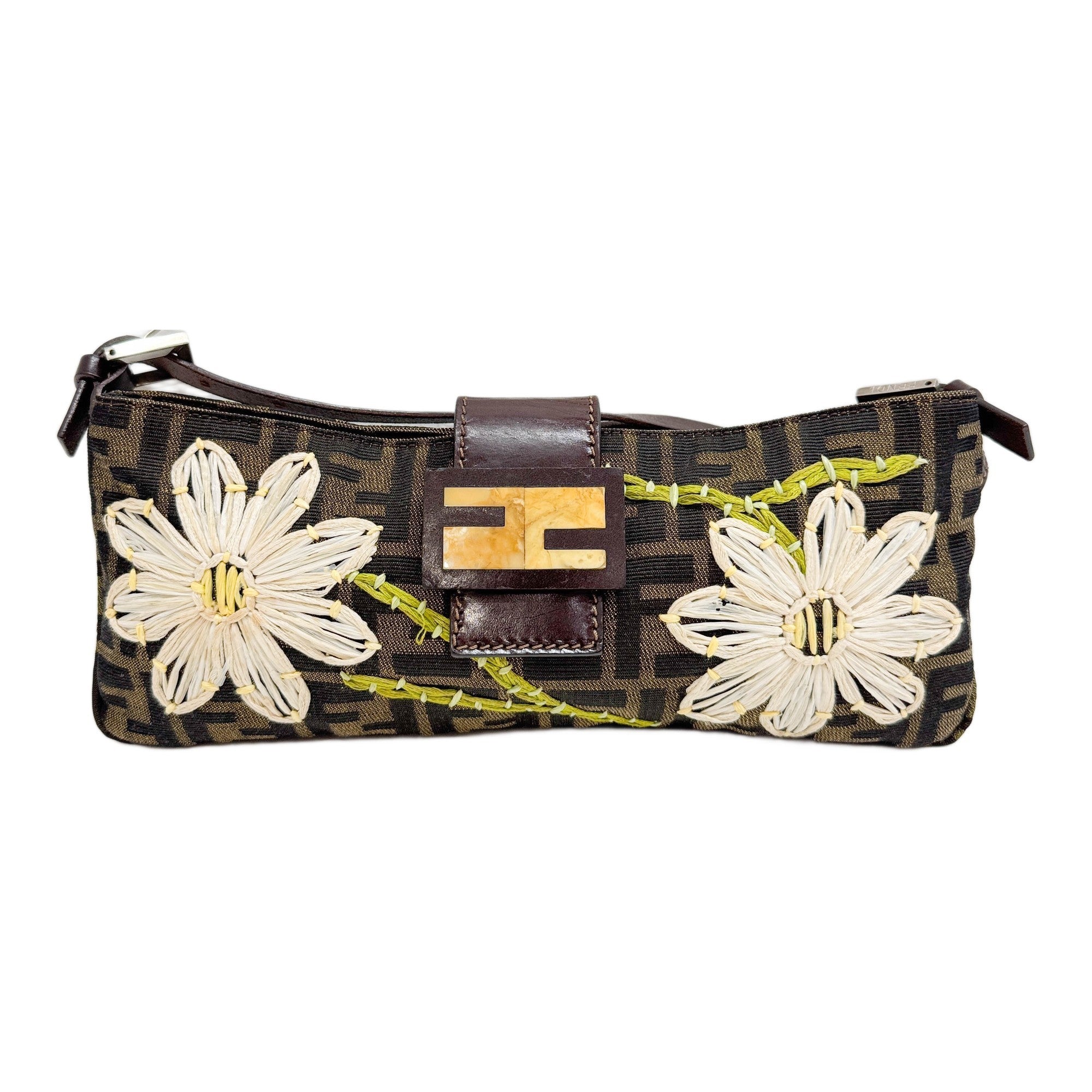 Long Baguette Floral Embroidery Brown Zucca Canvas Shoulder Bag