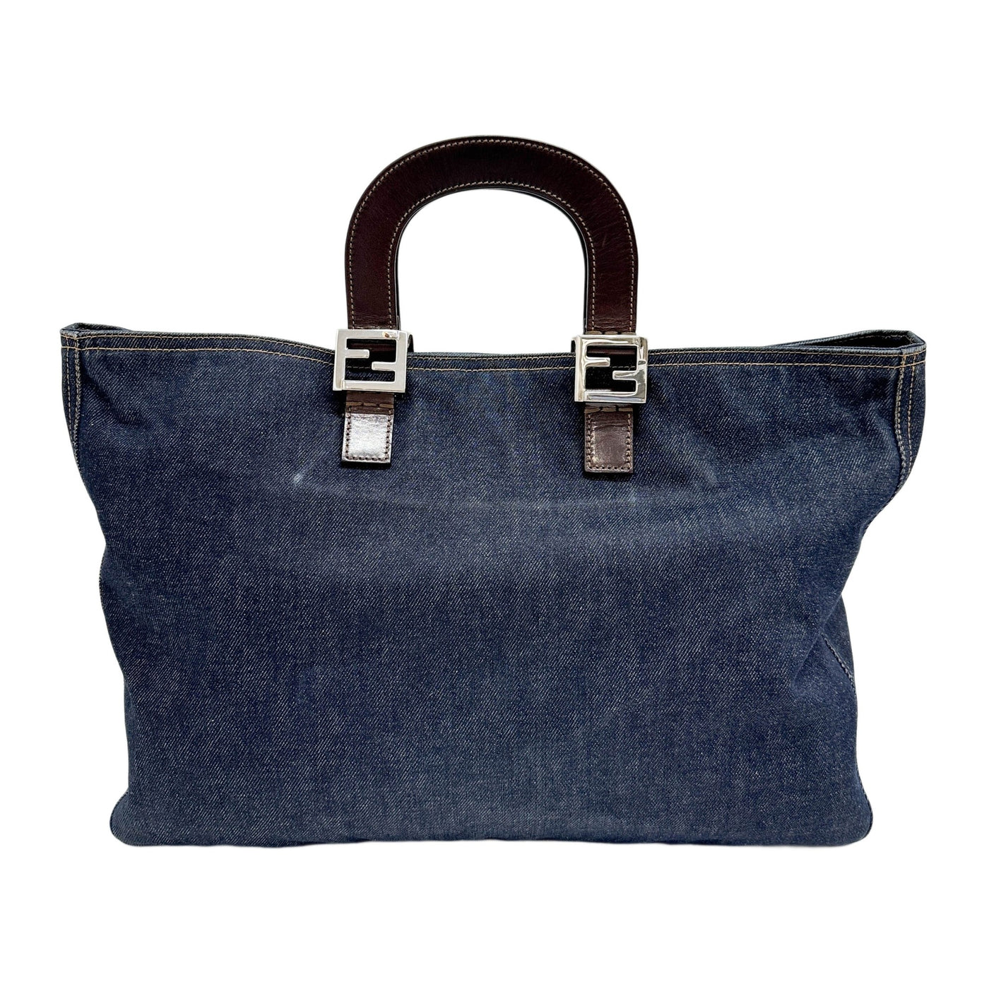 Leather Handle Navy Denim Tote Bag