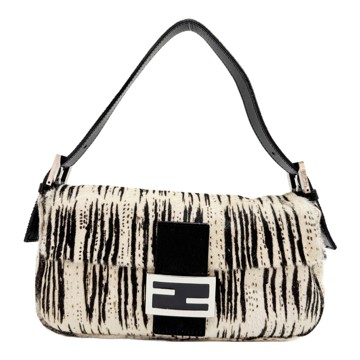 Baguette Black Trim Brown and White Animal Print Pony Hair Shoulder Bag