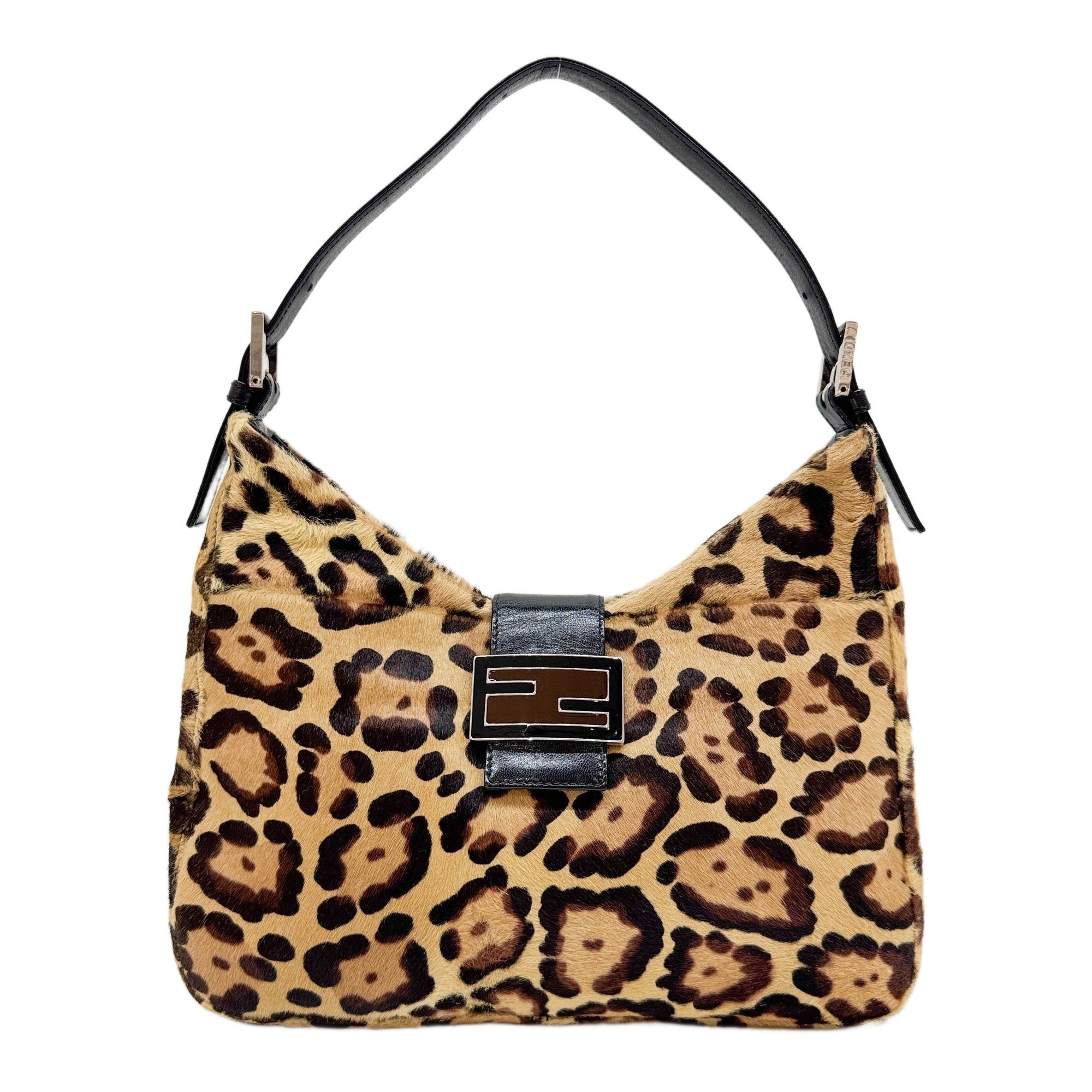 Black Leather Trim Brown Leopard Print Pony Hair Shoulder Bag
