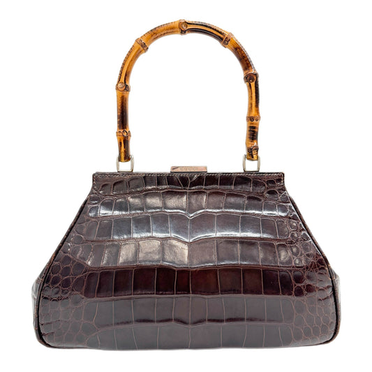 Bamboo Brown Crocodile Embossed Leather Handle Bag
