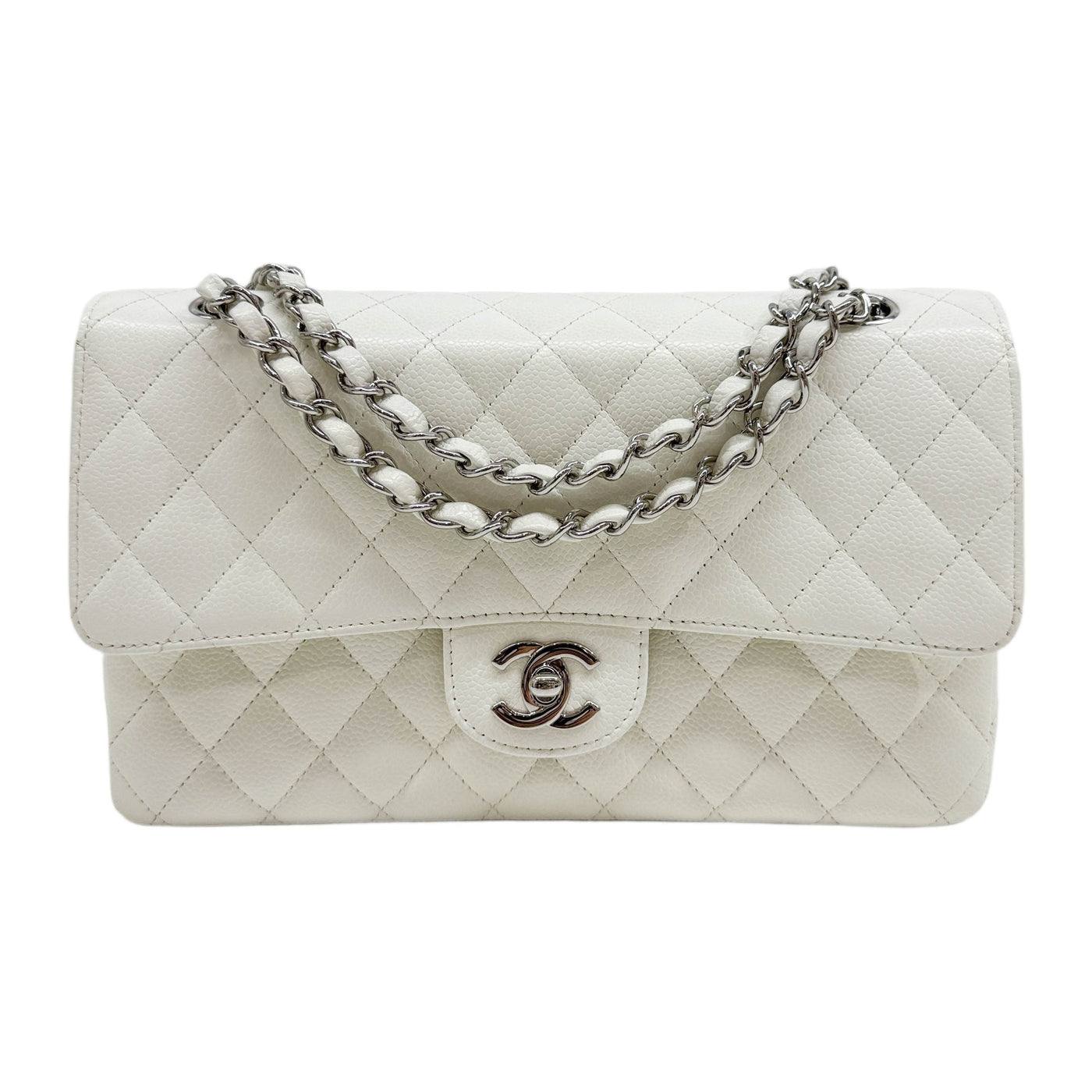 Medium Classic Double Flap 2005-2006 Matelasse White Leather Shoulder Bag