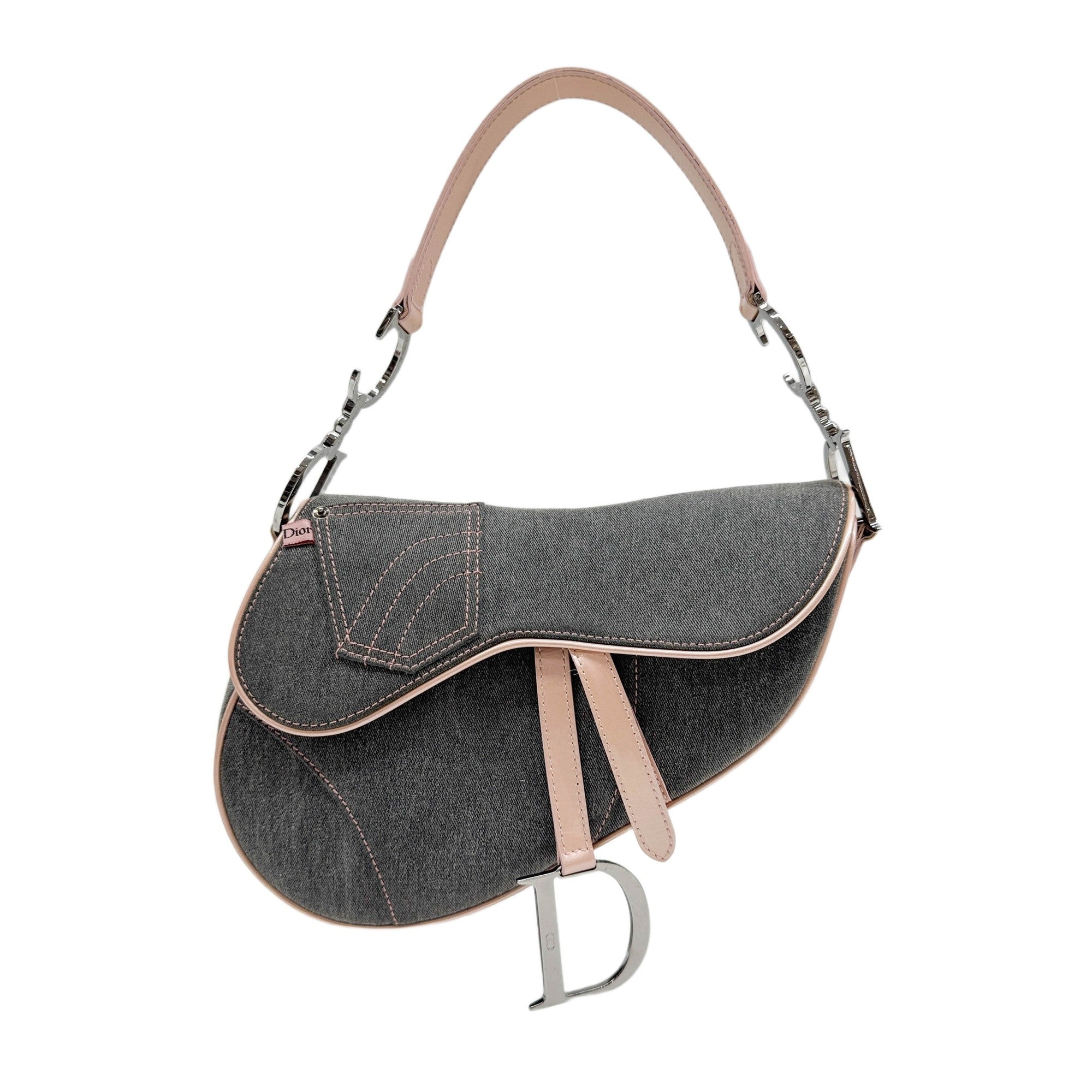 Saddle Pink Trim Grey Denim Shoulder Bag