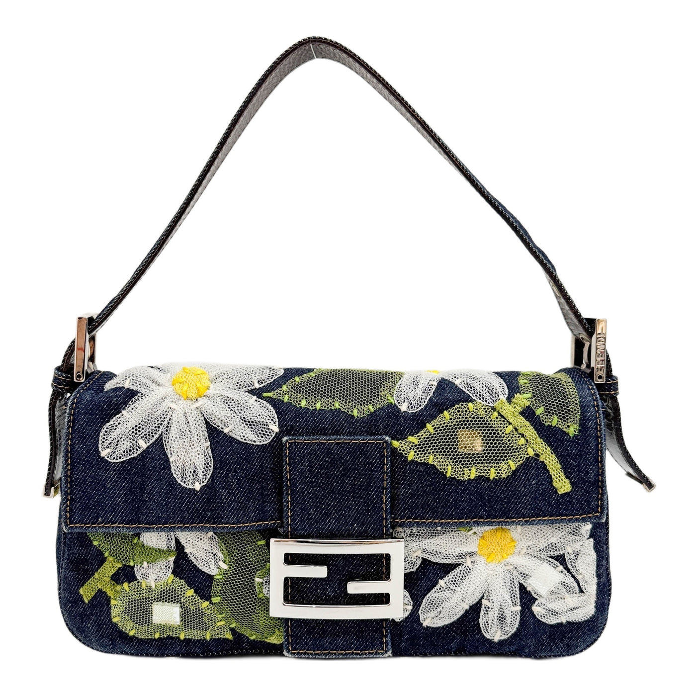 Baguette Floral Mesh Embroidered Navy Denim Shoulder Bag