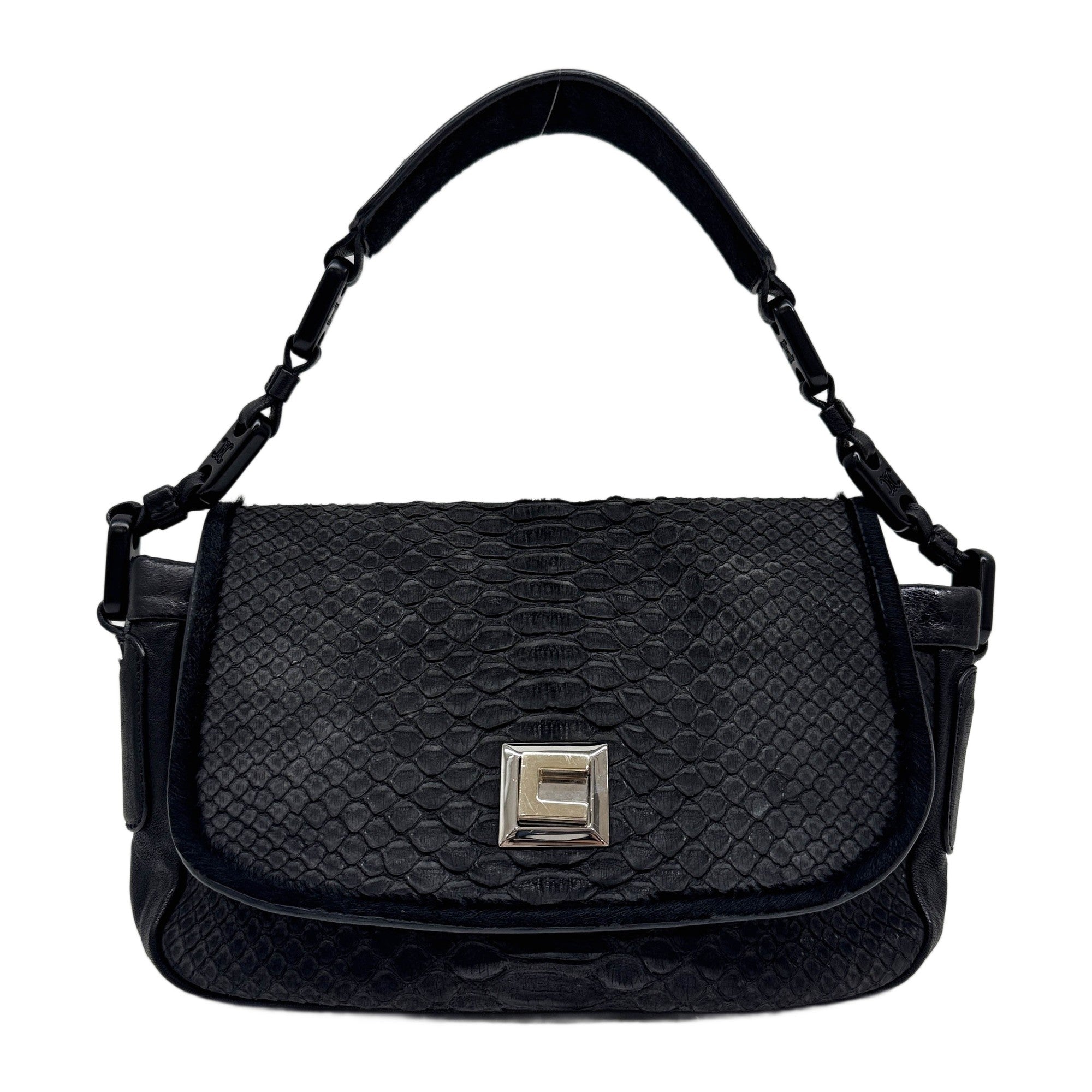 Celine x Phoebe Philo Black Python Embossed Leather with Pony Hair Strap Shoulder Bag