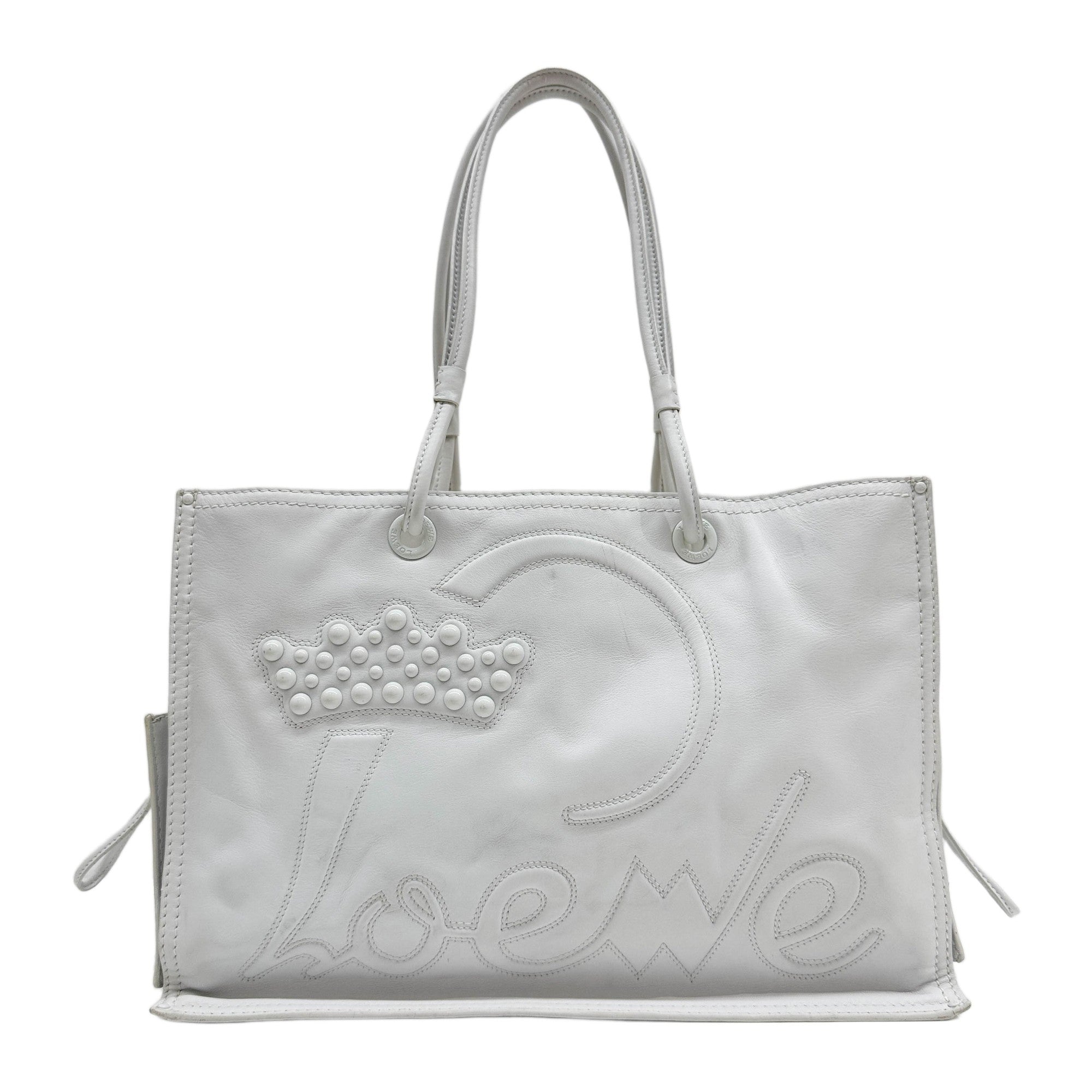 Crown Shopper White Leather Tote Bag
