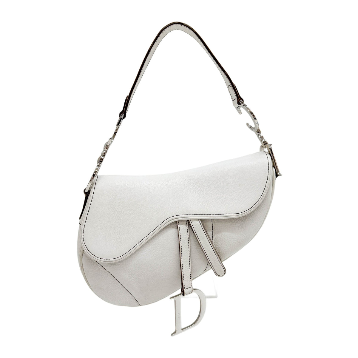 Saddle Silver Hardware White Leather Shoulder Bag