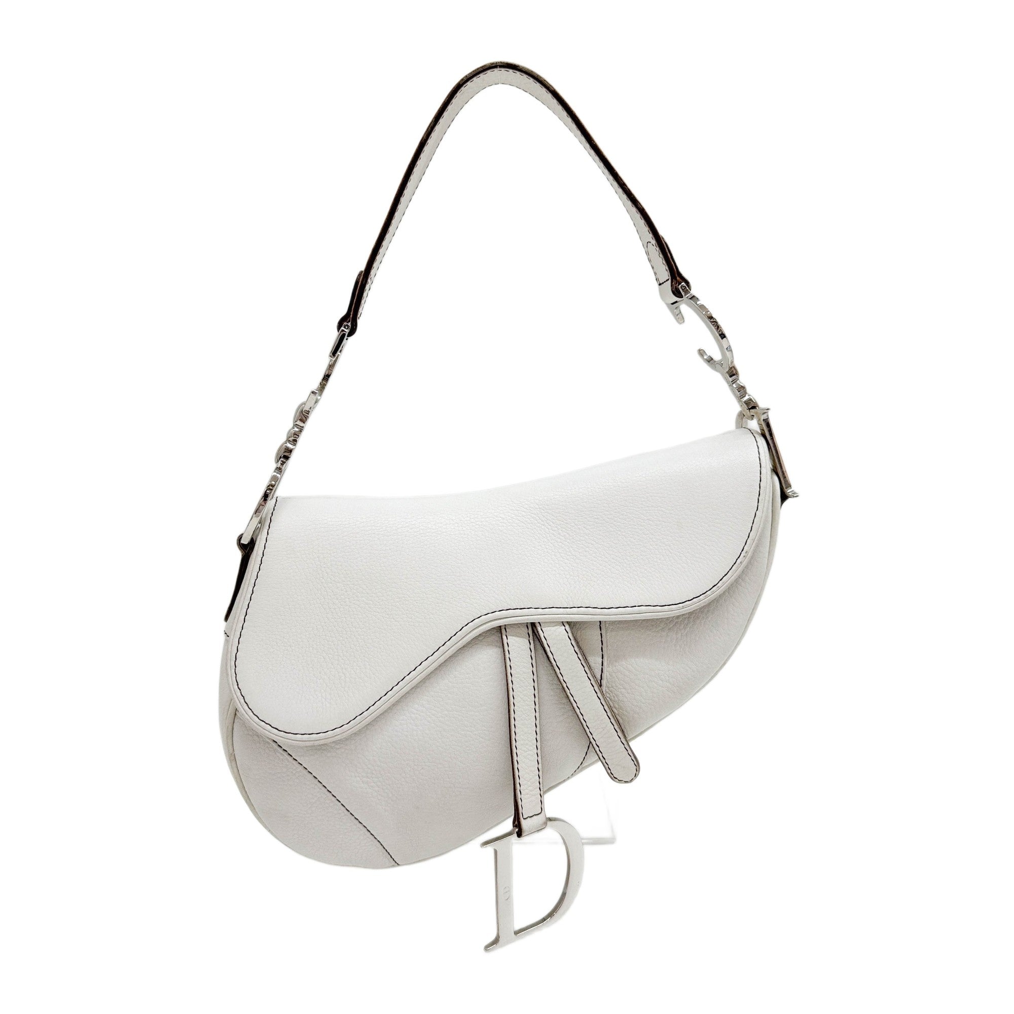 Saddle Silver Hardware White Leather Shoulder Bag