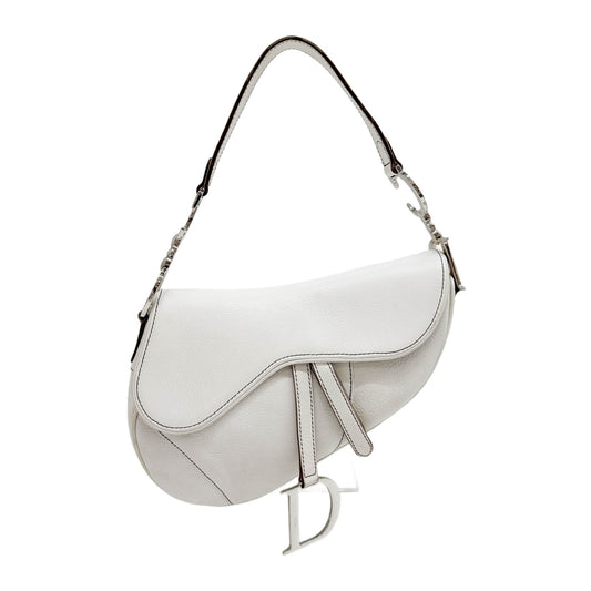 Saddle Silver Hardware White Leather Shoulder Bag