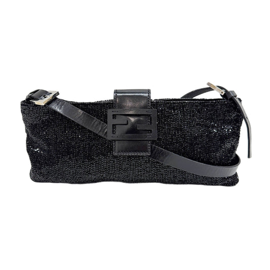 Long Baguette Black Beaded Shoulder Bag