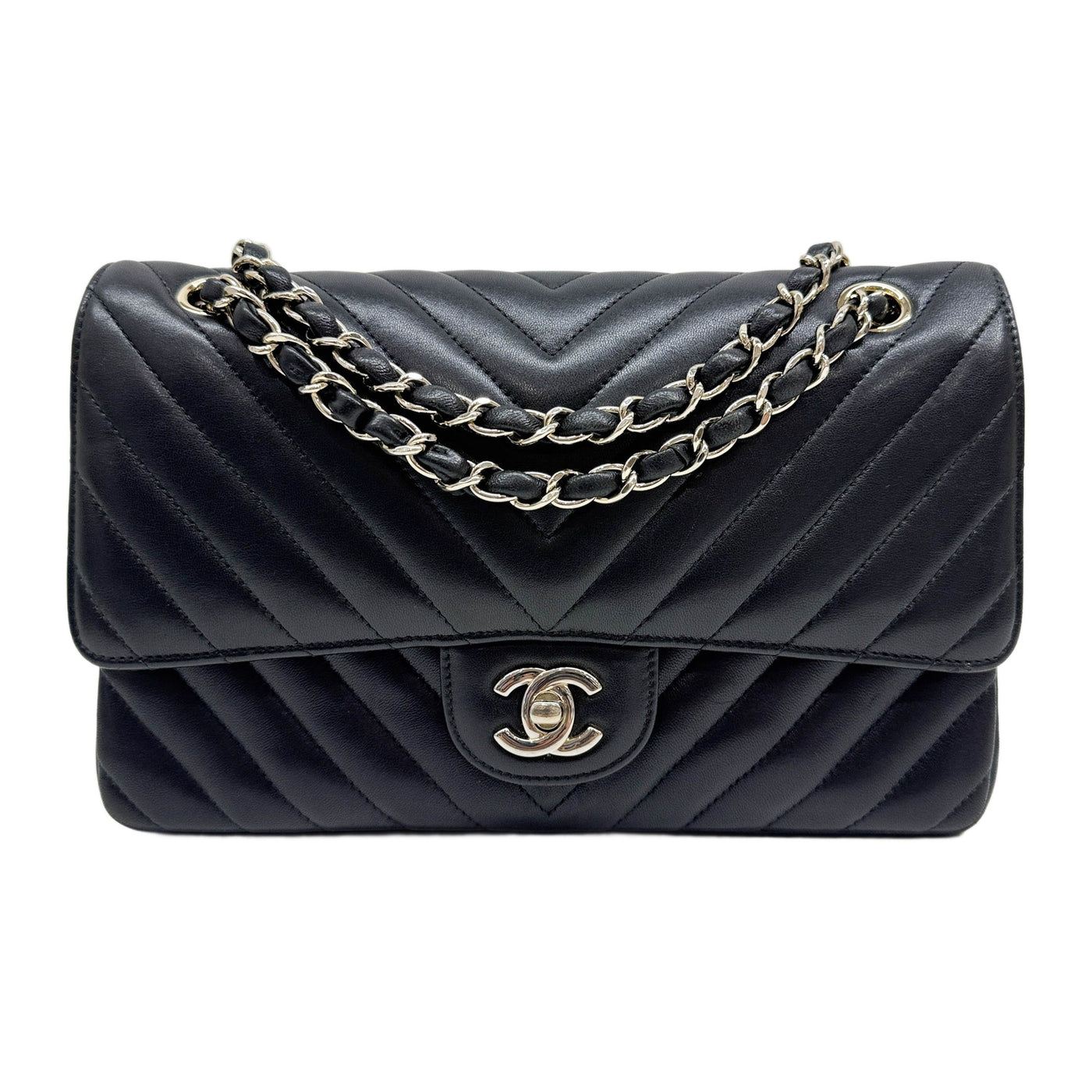 Medium Classic Double Flap Chevron Black Leather Shoulder Bag