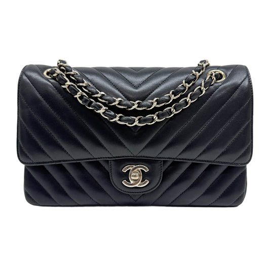 Medium Classic Double Flap Chevron Black Leather Shoulder Bag