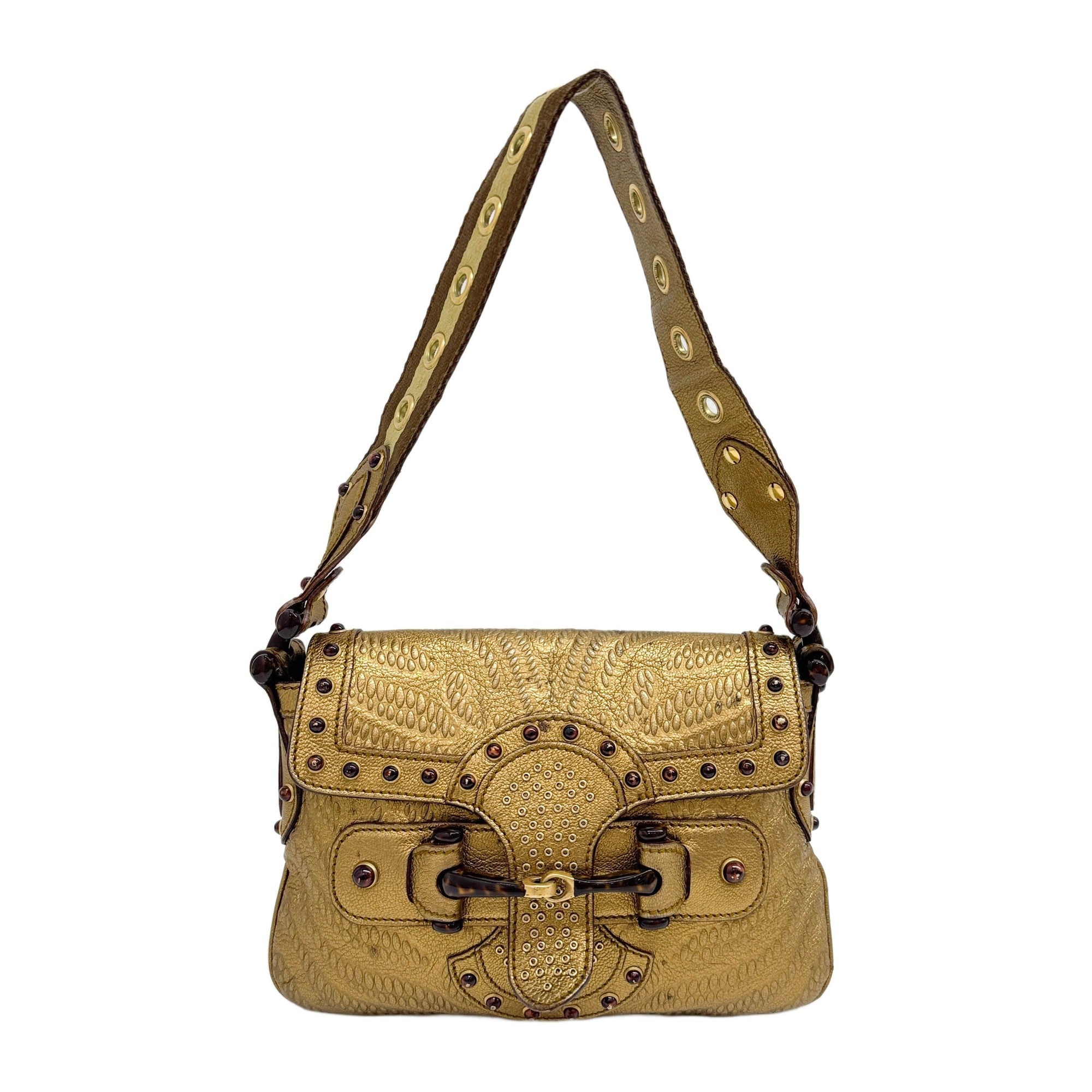 Pelham Runway Flap Studded Gold Leather Shoulder Bag