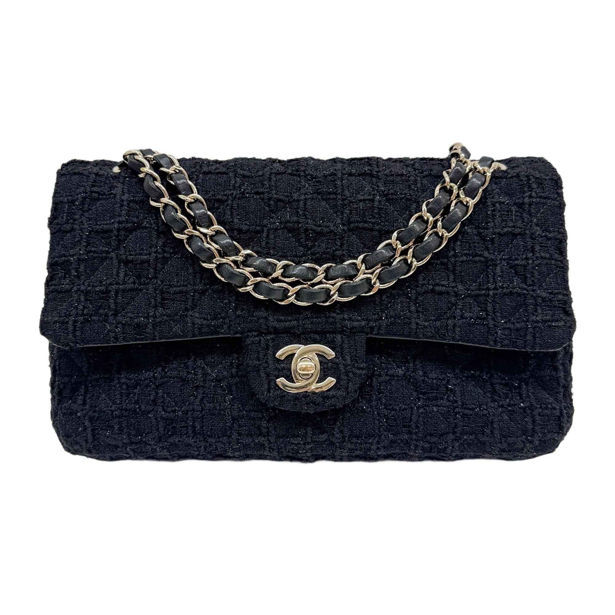 Medium Classic Double Flap 2021 Matelasse Sparkling Black Tweed Shoulder Bag