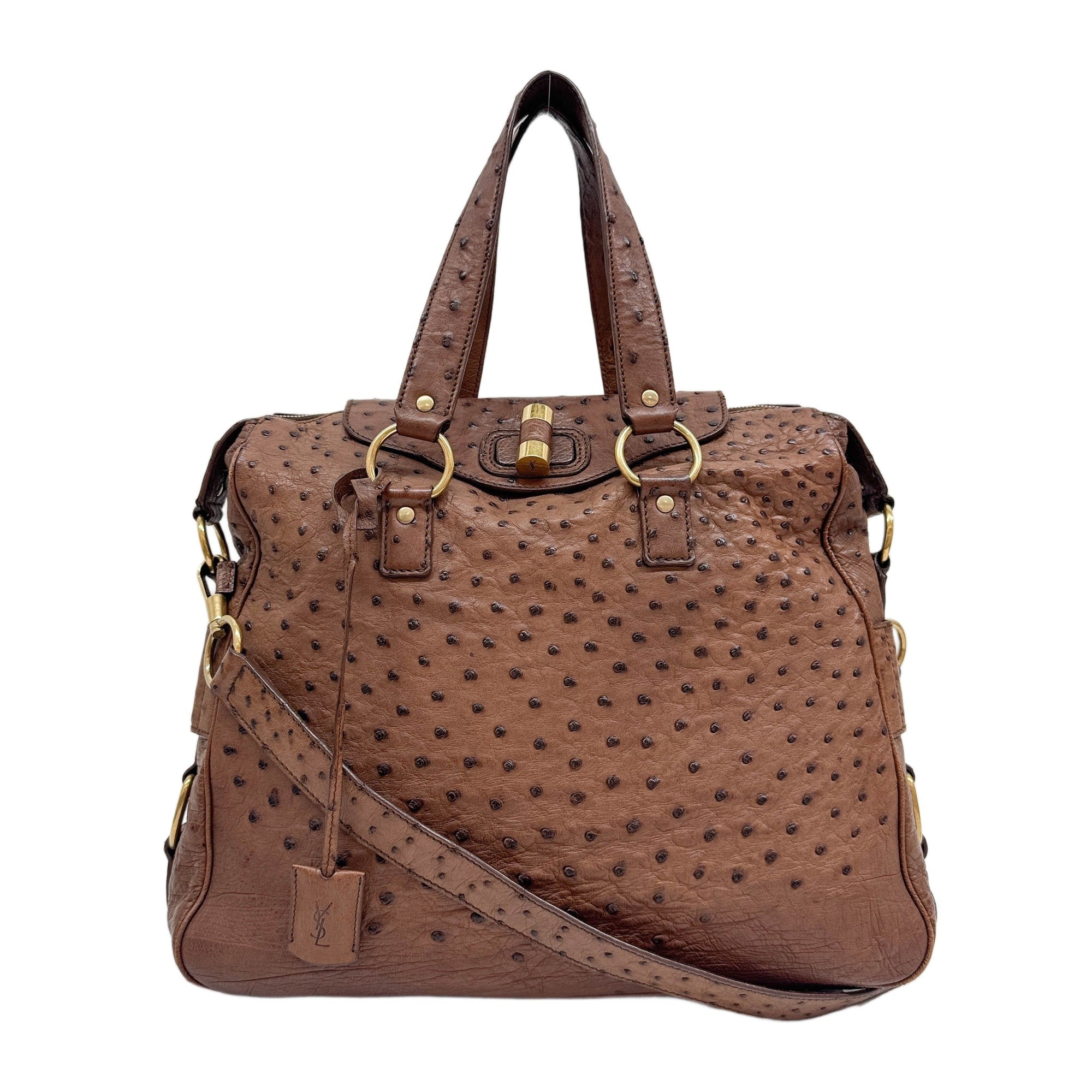 Muse Muse Brown Ostrich Embossed Leather Two Way Bag