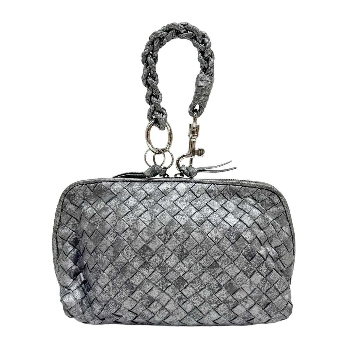 Intrecciato Silver Leather Wristlet Pouch