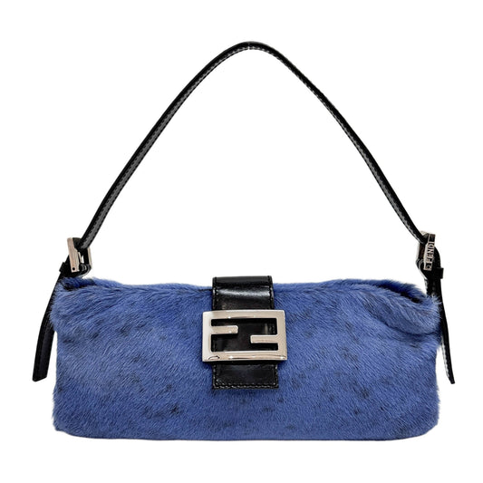 Long Baguette Blue Pony Hair Shoulder Bag