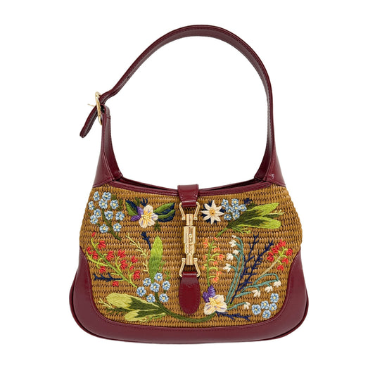 Jackie 1961 Red Leather Trim Floral Embroidery Brown Raffia Shoulder Bag