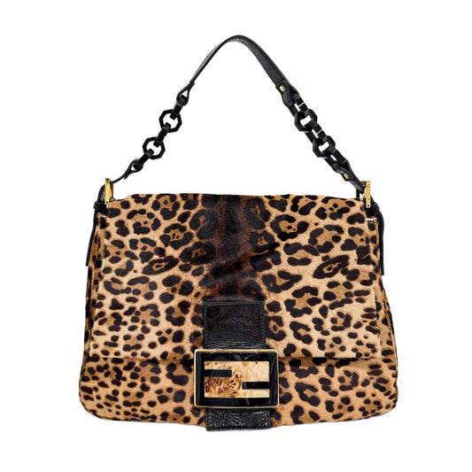 Large Mamma Baguette Brown Leopard Print Pony Hair Shoulder Bag