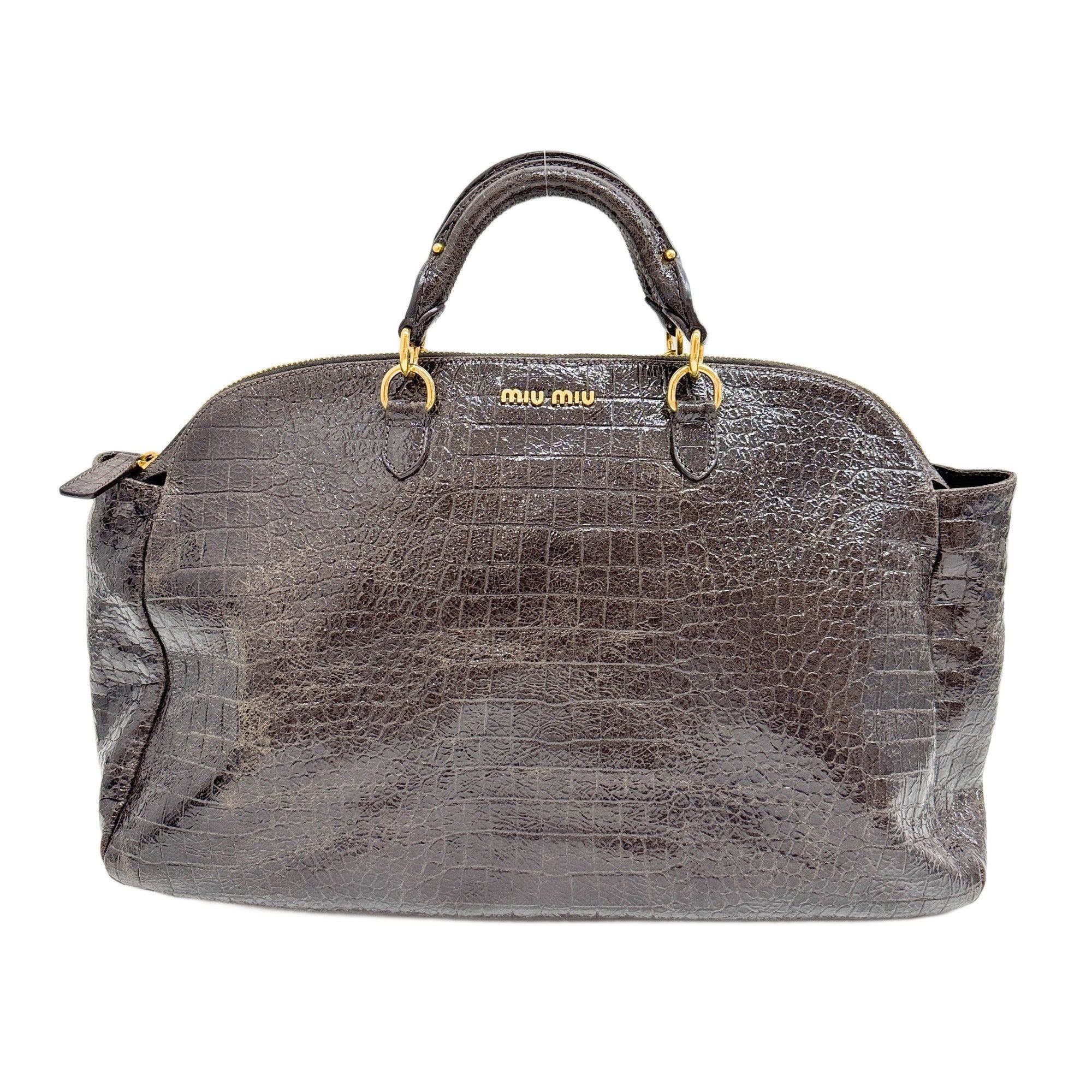 Bowling Dark Brown Crocodile Embossed Glossy Leather Hand Bag