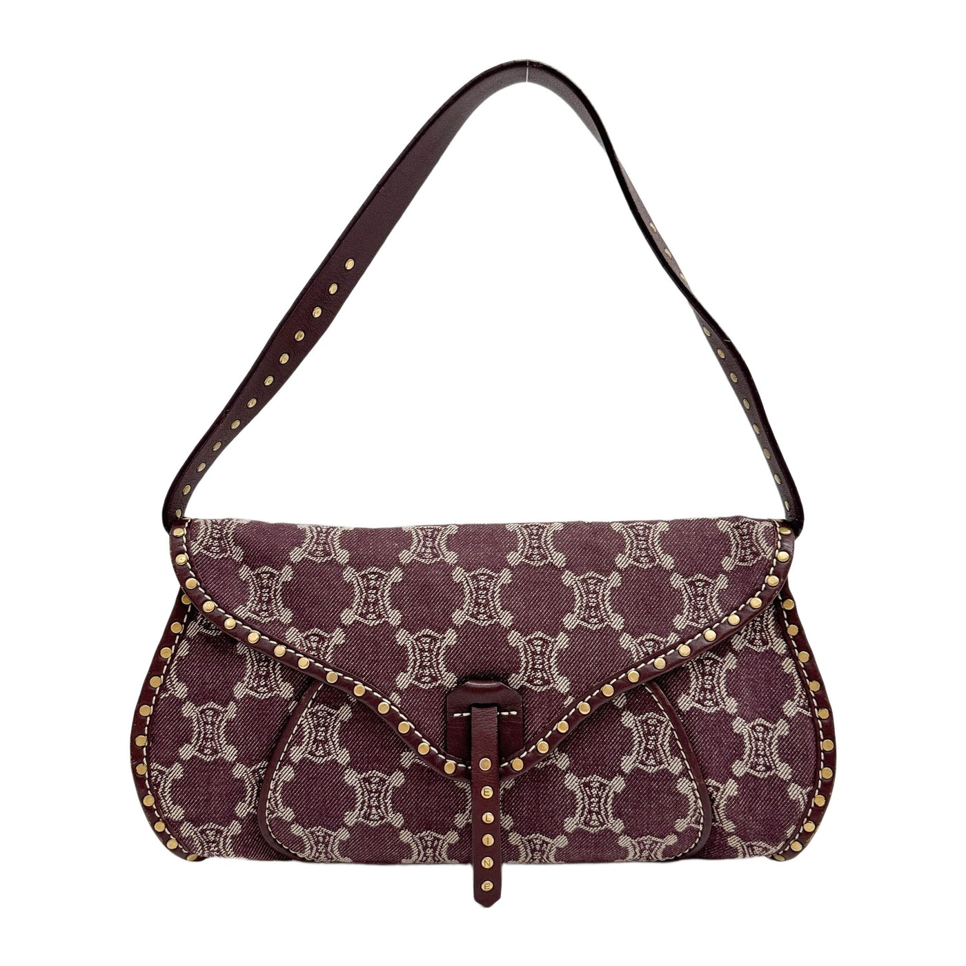 Poulbot Paris Macadam Studded Leather Trim Burgundy Red Canvas Shoulder Bag